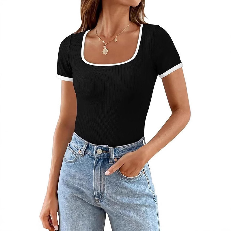 9930 Cross-Border Women's Summer Short-Sleeved T-Shirt with Ribbed Square Neck, Color-Blocking, Slim-Fit Basic Casual Top