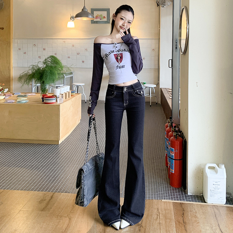 【Jinyin】American Retro Flared Slimming Basic Dark Color Hot Girl Double Button Jeans New Slimming Versatile