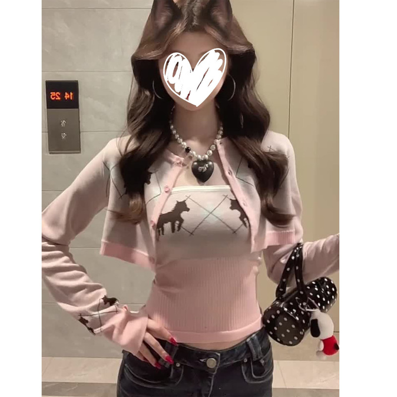 American Sexy Sexy Knitted Cardigan Women's Autum Contrasting Quilted Pattern Camisole Long-Sleeved Top Two-Piece Suit