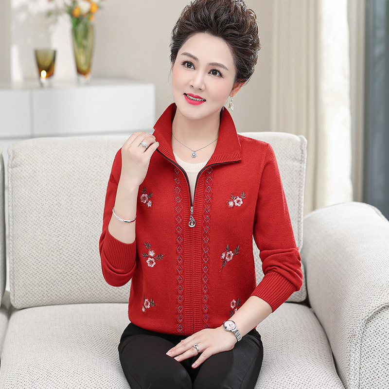 Lapel Knitwear Embroidered Long-sleeved Sweater Mother's Cardigan Over 50 Years Old Middle-aged Women's Autumn and Winter Thick Coat