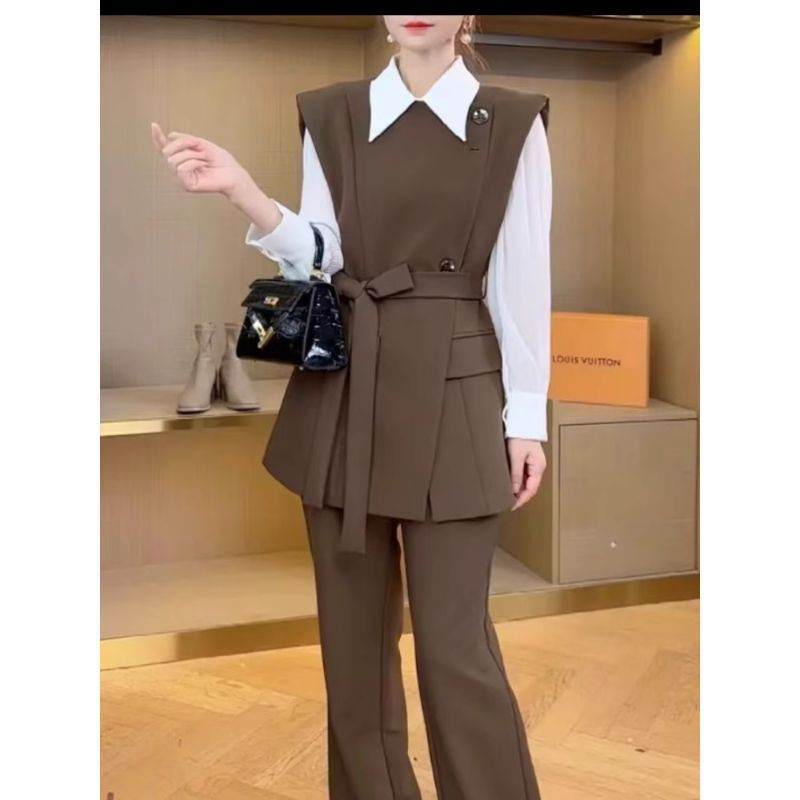 Z5H时尚气质休闲拼接显瘦套装2025秋季新款衬衣马甲长裤通勤三件