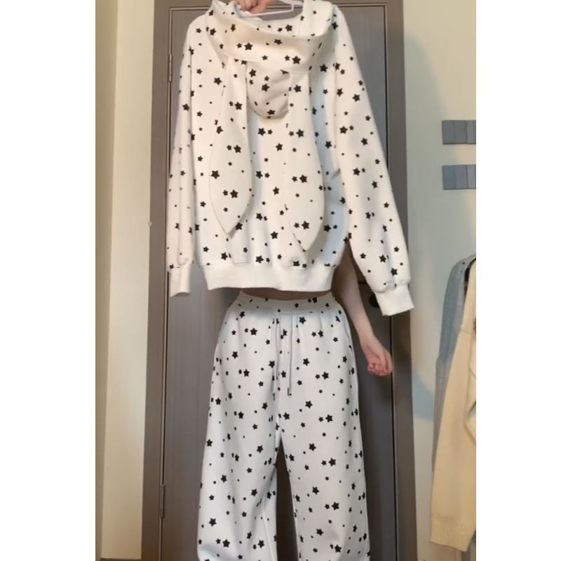 韩系慵懒风ins星星印花兔耳朵连帽睡衣女秋款长袖长裤家居服套装|undefined