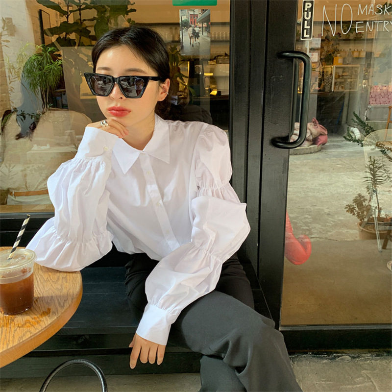 韩国chic秋季小众松紧设计感减龄泡泡袖翻领单排扣长袖衬衫女