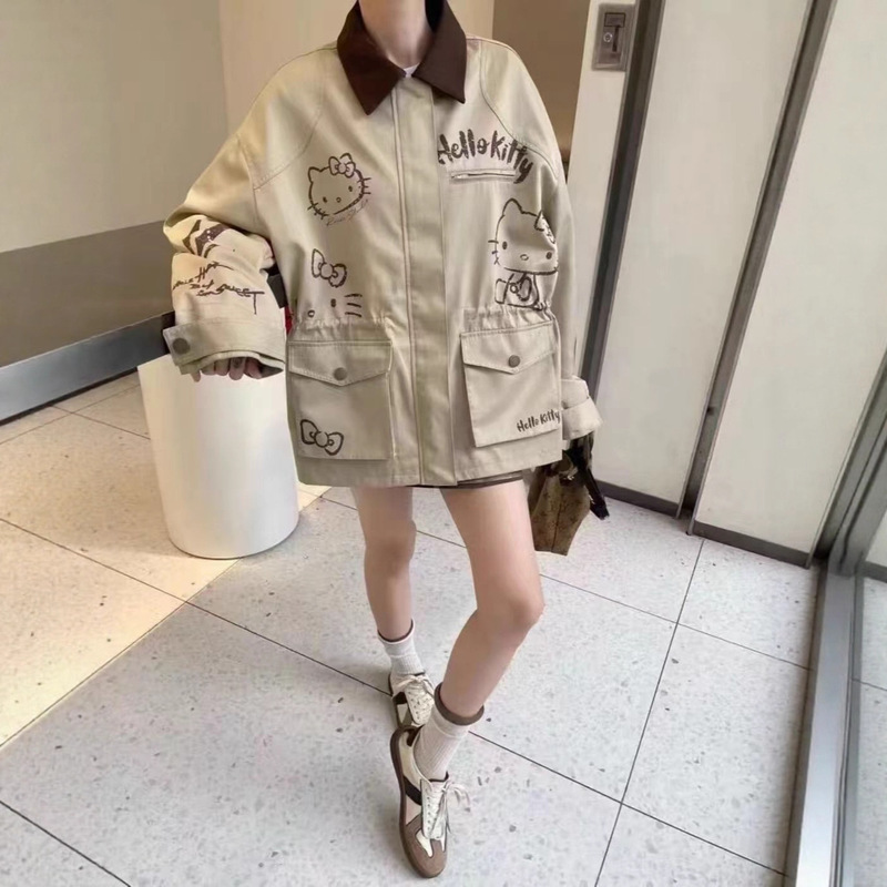 韩国东大门Kitty猫印花百搭风衣女秋季慵懒感宽松显瘦外套上衣|undefined