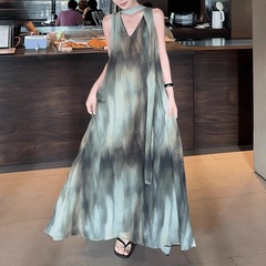 韩系两穿度假风扎染飘带背心连衣裙女夏季复古气质宽松A字裙长裙