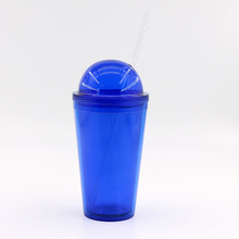 圆盖透明吸管杯 塑料吸管杯 果汁杯 双层塑料杯 PS双层吸管杯