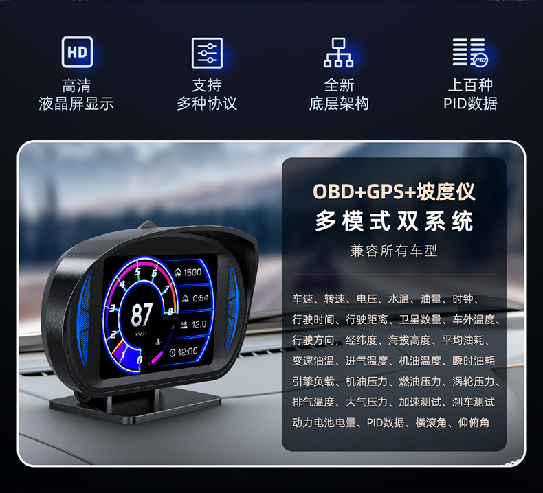 Car Hud Automotive Lcd Instrument Water Temperature and Rpm Multi-Function P2 High-Definition Display Head-Up Display