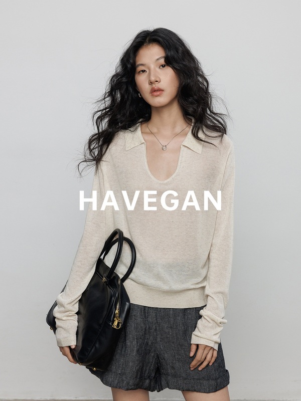 与间HAVEGAN/秋季天丝亚麻长袖防晒针织T恤女翻领老钱风休闲上衣|undefined