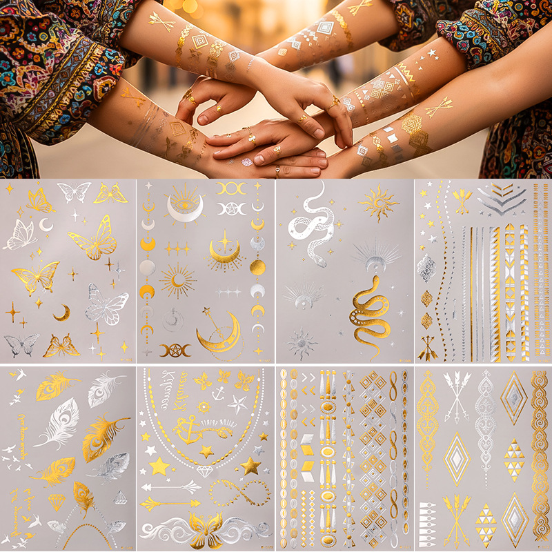 Pegatinas de tatuaje de estampado transfronterizo impermeable Europa y América plata estampado metal estampado tatuaje flash pegatinas de tatuaje desechables temporales personalizadas