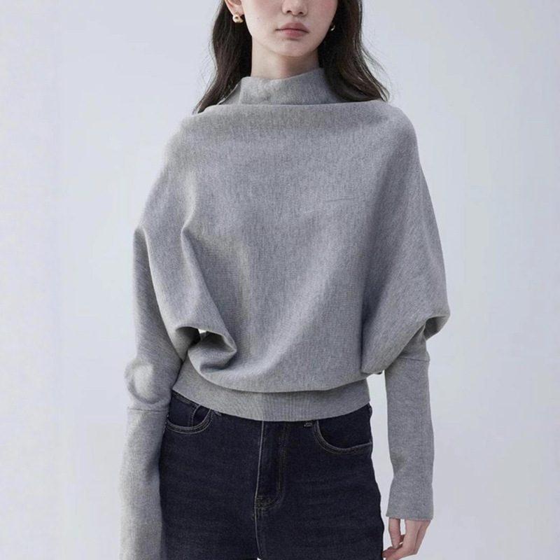 Mustard Pie Voe Half Turtleneck Bat Sleeve Pullover Knitwear Women's Early Spring Pure Color Design Loose Top