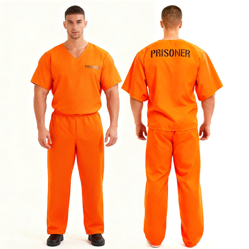 Halloween Orange Prison Uniform Two-Piece Set American Adult Men's and Women's Performance Costumes Prisoner Role-Playing Costumes Orange Prison Uniform