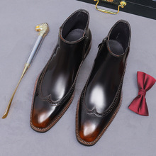 商务切尔西靴男式时尚亮面高帮布洛克雕花皮鞋真皮侧拉链英伦短靴