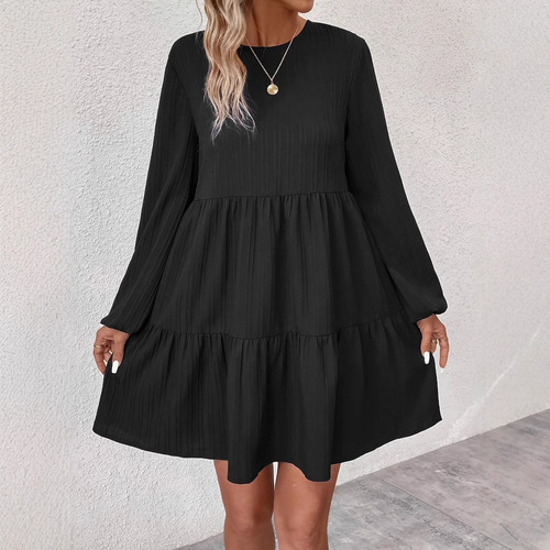 Cross-border AliExpress fast-selling black solid-color crew neck long-sleeved simple pleated autumn casual short dress
