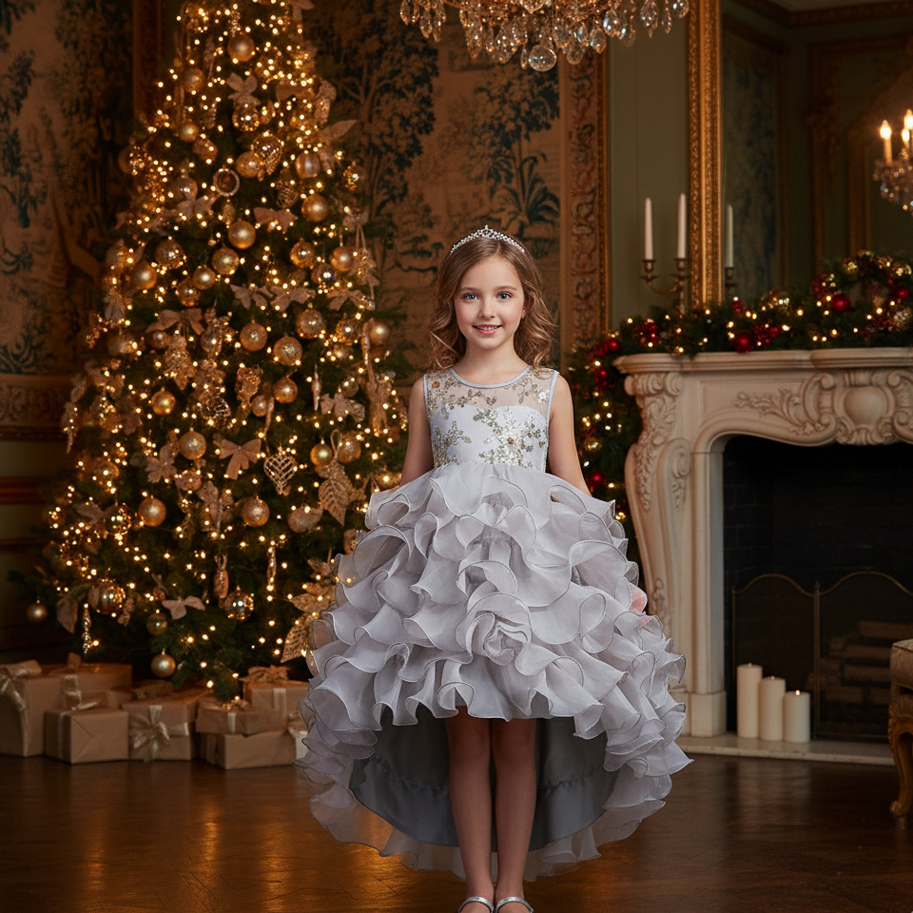 中大童亮片拖尾公主裙 女童演出礼服蓬蓬裙 儿童蛋糕裙 一件代发