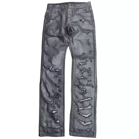 Destroyed Black Waxed Denim Pants with Distressed Wash, Slim Fit Black Long Pants in Stock