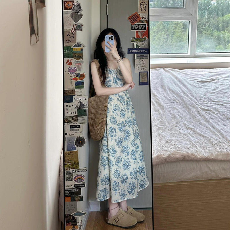 2024 Summer New Vests Dress Floral Long Skirt Tight Waist Slimming Elegant Round Neck A- Line Skirt for dress Women