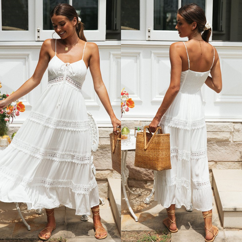 2024 Independent Store New Women's Bohemian Style Strap Dress With Lace Trim And Large Hem_ecoleips.com