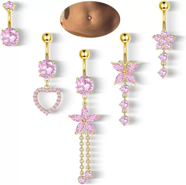 Cross-border e-commerce recommended micro-inlaid love zircon pendant belly button ring heart-shaped navel nail women's piercing jewelry 5-piece set