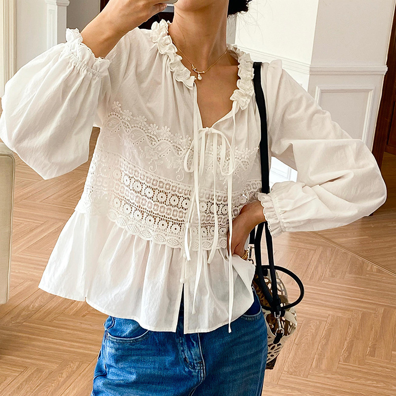 2026 Spring Women's Lace Shirt European and American French Design Long Sleeve White Shirt Cross-Border Women's Top