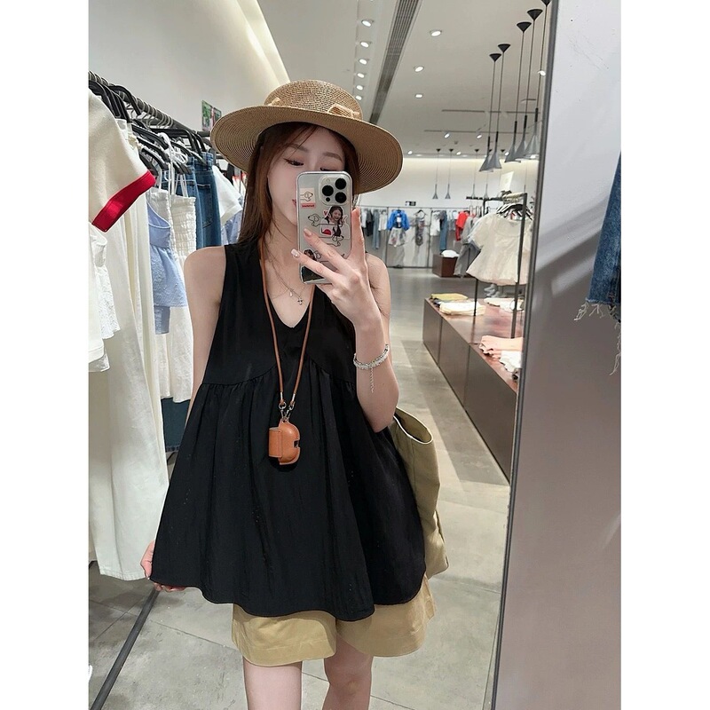 Plus-Size Elegant Sleeveless Black Tank Top Shirt for Women, Summer High-End Korean Style Loose Fit Cover-Up Top