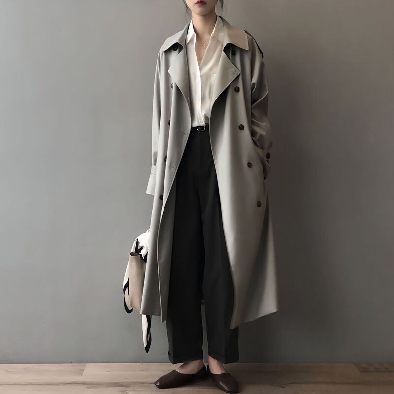 Women's Mid-Length Trench Coat for Spring and Autumn, Thin British Style Versatile Drape Waist-Cinching Petite French Casual Jacket Coat Women's Mid-Length Trench Coat for Spring and Autumn, Thin British Style Versatile Drape Waist-Cinching Petite French Casual Jacket Coat