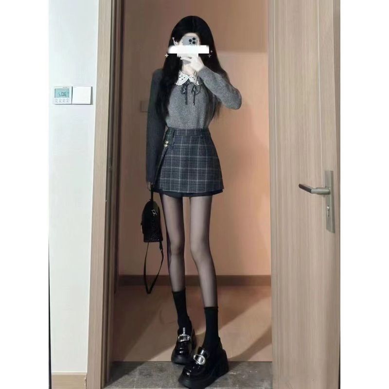 复古学院风套装女秋冬韩剧奶乖盐系甜辣纯欲风毛衣格纹短裙两件套|undefined