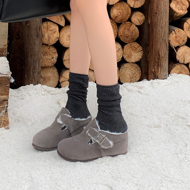 Dép lông Birkenstock da thật nữ đế dày, mũi kín lông cừu, có khóa thắt lưng, tăng chiều cao bên trong — cà phê nâu