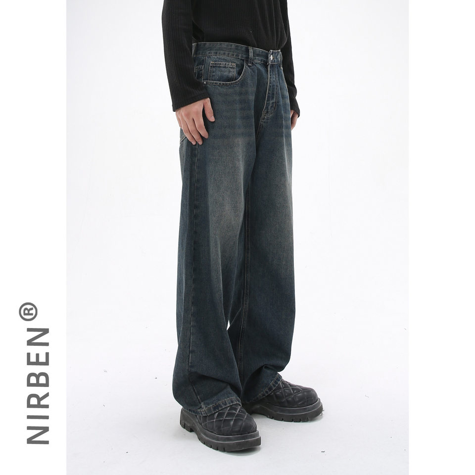 Quần jean nam ống rộng dáng suông cạp vừa vải denim xanh giặt nhẹ — Màu xanh lam