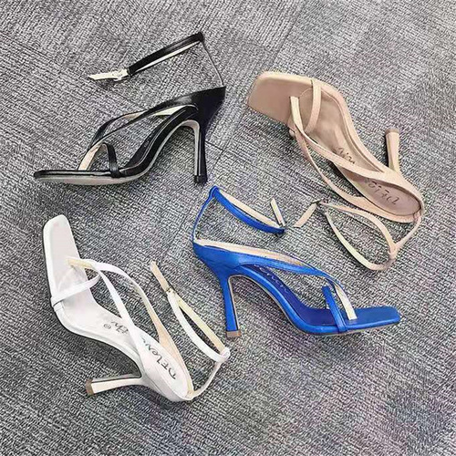 Women's Fashionable Square Toe High Heels with Toe Clasp, One Strap Sandals, Large Size 43, European and American Influencer Style