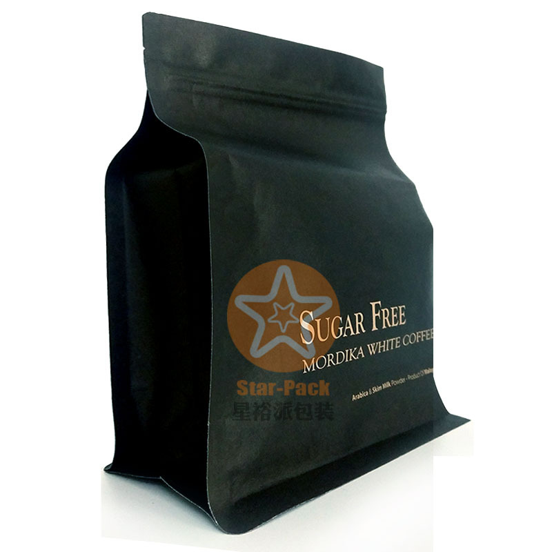 新品设计黑色牛皮纸铝箔自封咖啡袋150克单向气阀八边封自立袋