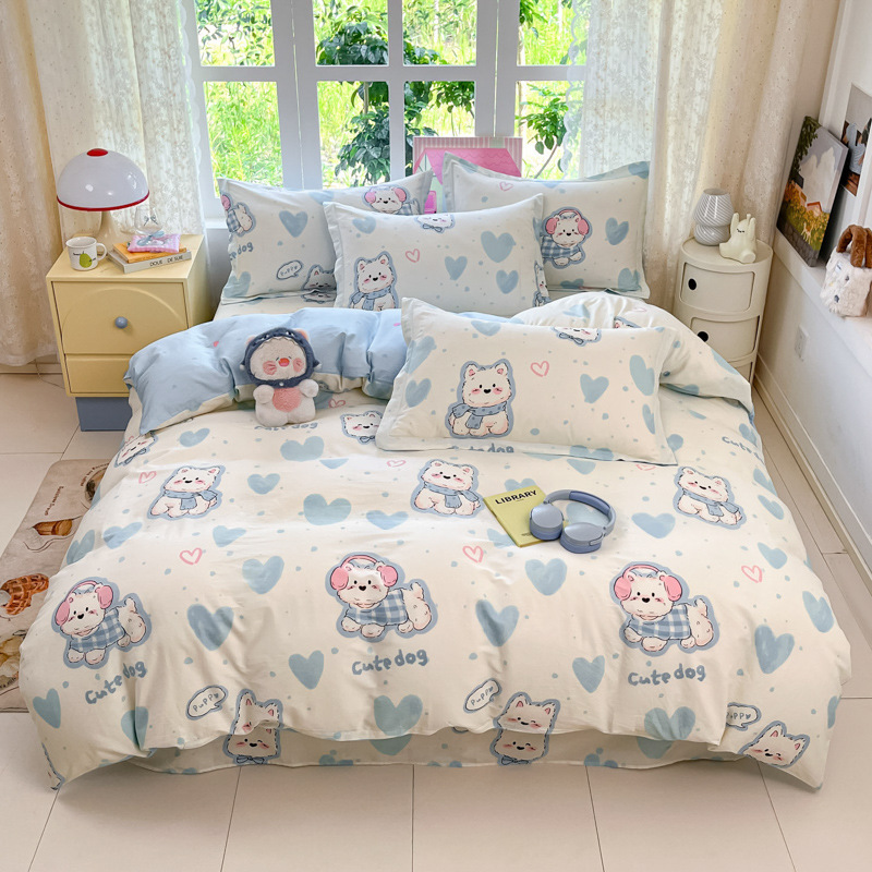 Ins Naked Sleeping Pure Cotton Four-Piece Set Small Fresh Cotton Bed Bed Sheets Quilt Cover Three-Piece Set Class a Bedding Student Dormitory