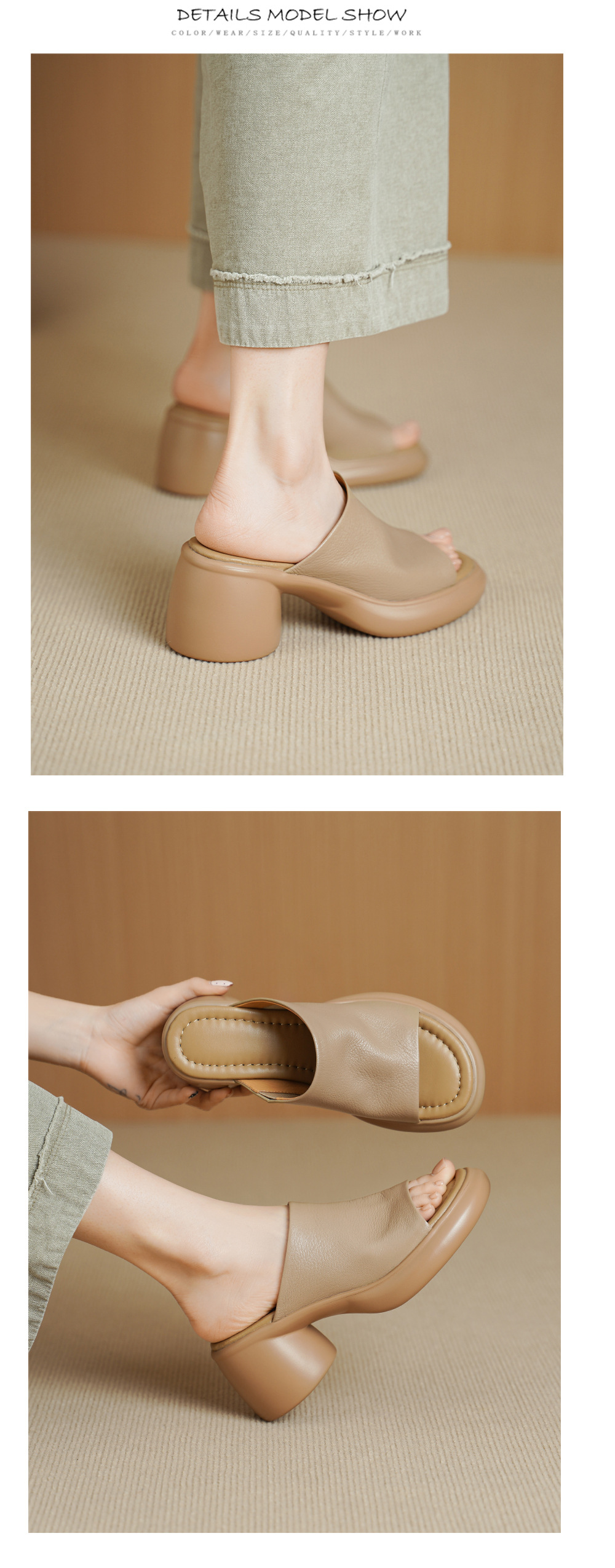 Sandal cao gót nữ hở mũi da dê gót thô 7 cm đế dày — màu trắng ngà chi tiết 9