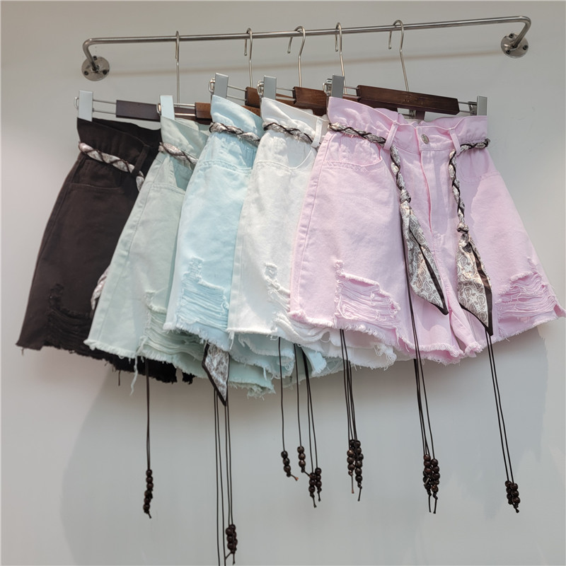 Pantalón Corto de Mezclilla de Cintura Alta con Rasgados Corte A para Verano