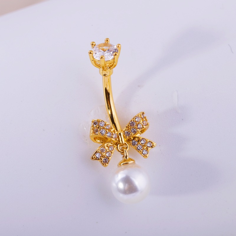 Simple Full Zircon Bow Pearl Belly Button Ring - Gold Ball, Copper Base, Summer 2025 detail image 7