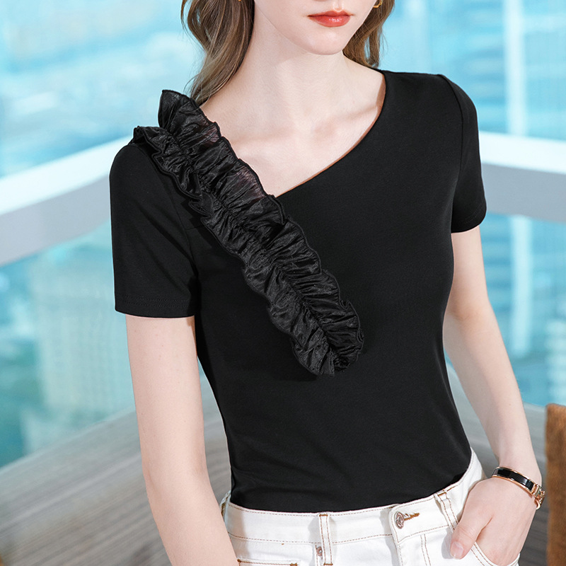 Nueva blusa francesa con volantes de verano 2023 Camiseta de manga corta negra para mujer diseño sentido nicho image 5