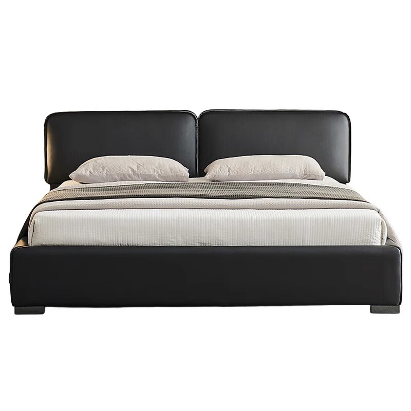 Cama de vaca negra grande, primera capa de piel de vaca, dormitorio principal, atmósfera de alta gama, paquete suave, estilo italiano, cama de cuero de bloque de tofu doble simple moderna