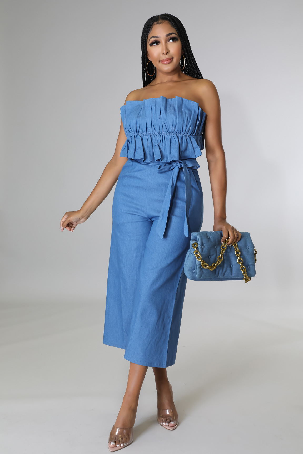 tube top backless lace-up wide-leg solid color denim vest and pant suit NSCYW134134