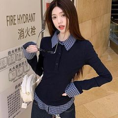 【莫代尔人棉】藏蓝polo领假两件打底衫女内搭设计感时尚修身上衣