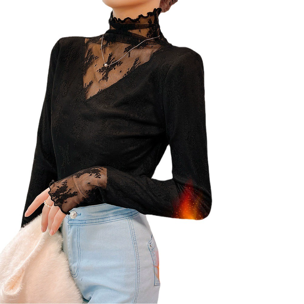 Женская Базовая кружевная рубашка с высоким воротником и флисовой подкладкой, привлекательный сетчатый топ в западном стиле с утолщенной внутренней ушной окантовкой