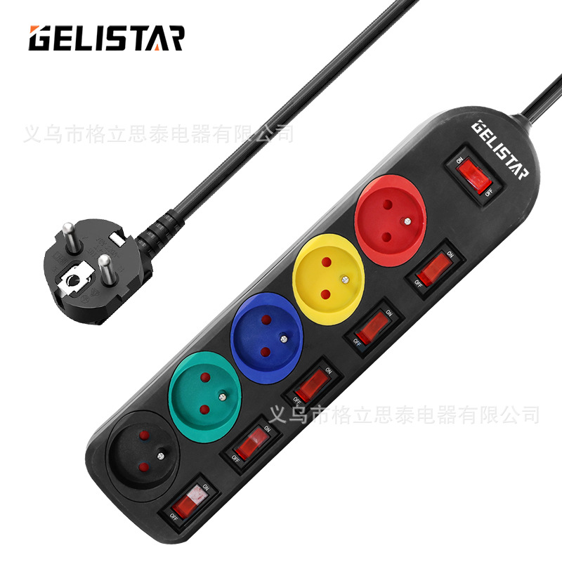 跨境外贸厂家热销法标5位排插独立开关彩色多孔位接线板