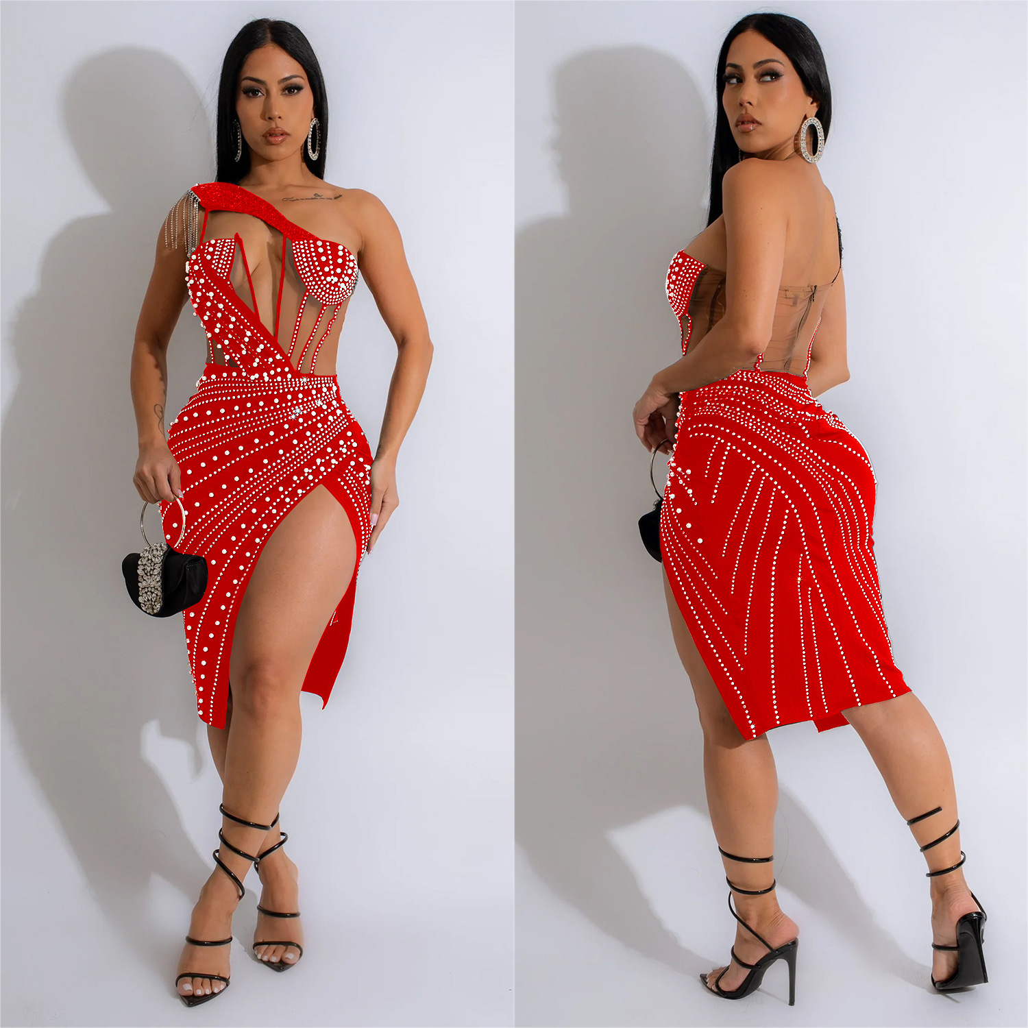 C6968 Aliexpress transfronterizo Amazon estación independiente de moda europea y americana ropa de mujer de malla de diamante mediano vestido largo image 4