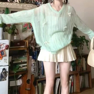 薄荷曼波绿色镂空防晒罩衫女夏季宽松慵懒风小众蝴蝶结针织衫上衣