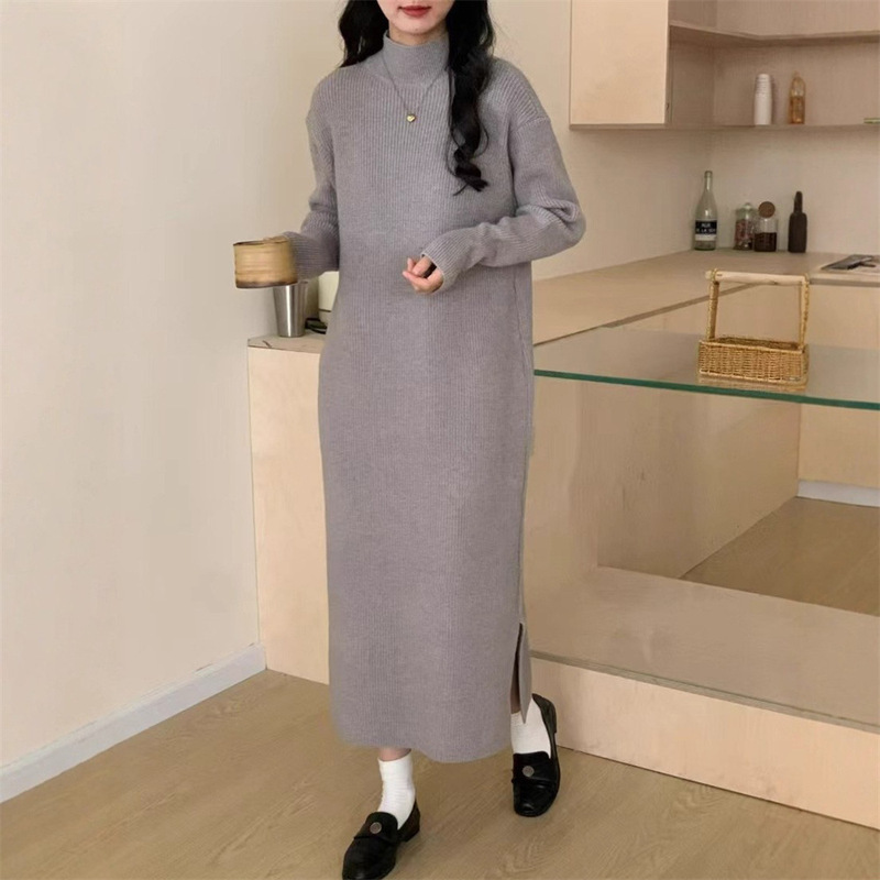 纯色半高领针织打底长裙秋冬新款配大衣内搭过膝长款毛衣上衣外搭|undefined