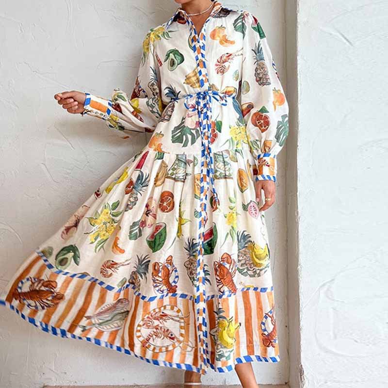 Long Sleeve Sleeve Length Swing Dress Dresses Type Wholesale Women's Vintage Style Ethnic Style Printing Printing Travel Turndown Long Sleeve Swing Dress
