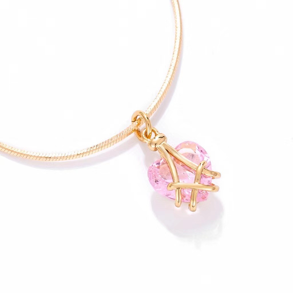 Cute Heart Shape Titanium Steel Plating Artificial Crystal Pendant Necklace 1 Piece