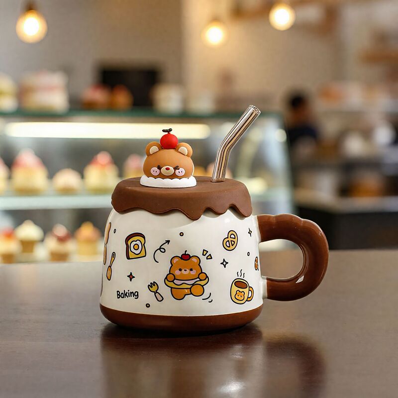 生日礼物可爱卡通熊陶瓷马克杯带盖吸管杯女生家用早餐咖啡牛奶杯|undefined