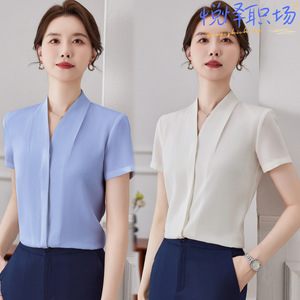 法式高级感V领衬衫女夏装新款气质职业正装衬衣通勤教资面试上衣