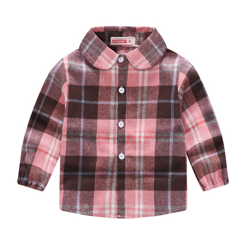 New children's spring and autumn casual long-sleeved tops Korean style plaid shirts for boys and girls, medium and small children's trendy brushed shirts