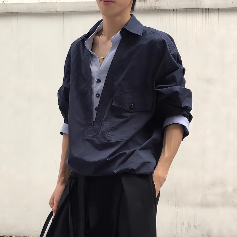 Fake Two-Piece V-Neck Shirt for Men and Women, Old Money Style Casual Loose Shirt, Cleanfit High-End American-Style Jacket