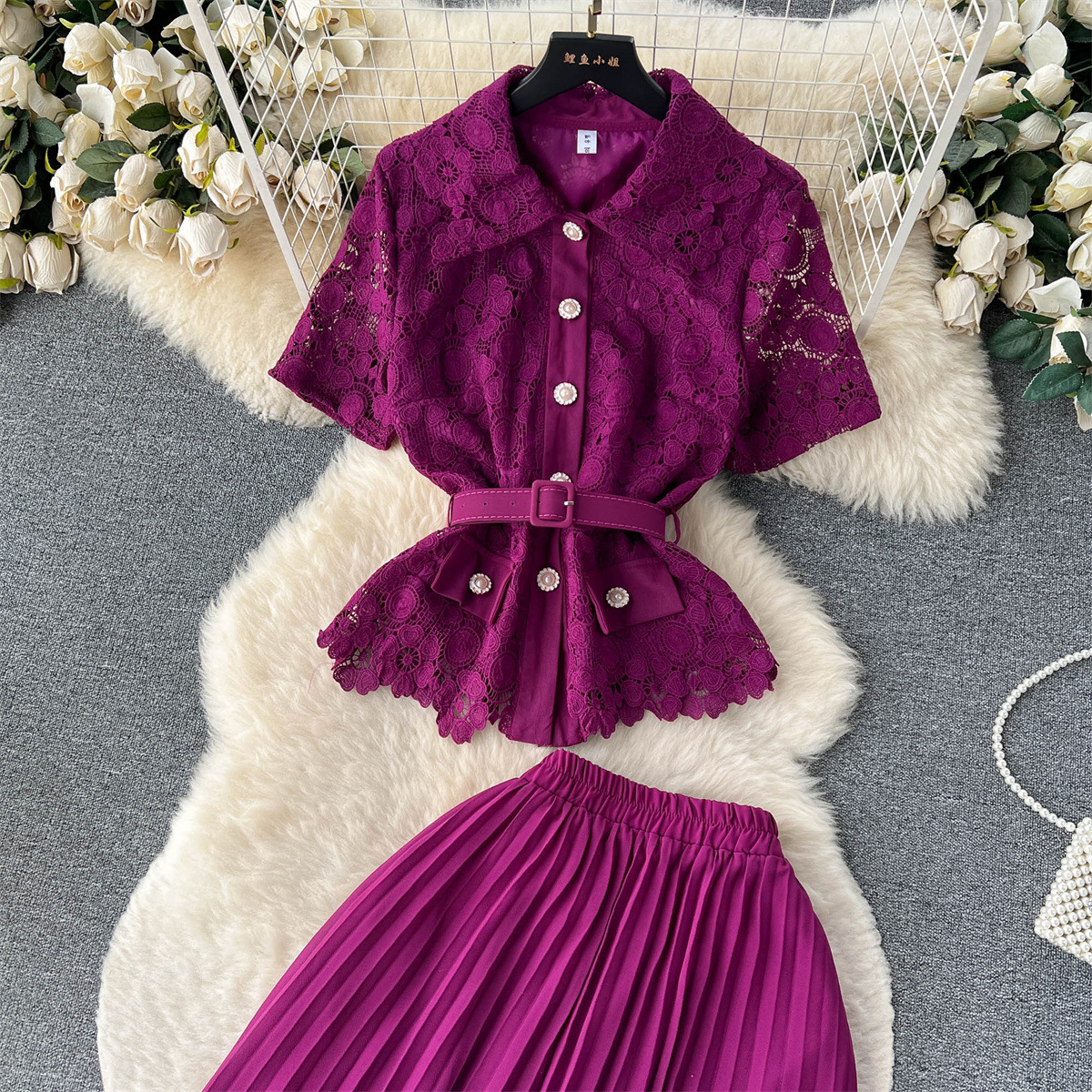 Damen Zweiteiliges Set Aus Kurzarmbluse Und Plisseerock Für Den Sommer_voghion.com